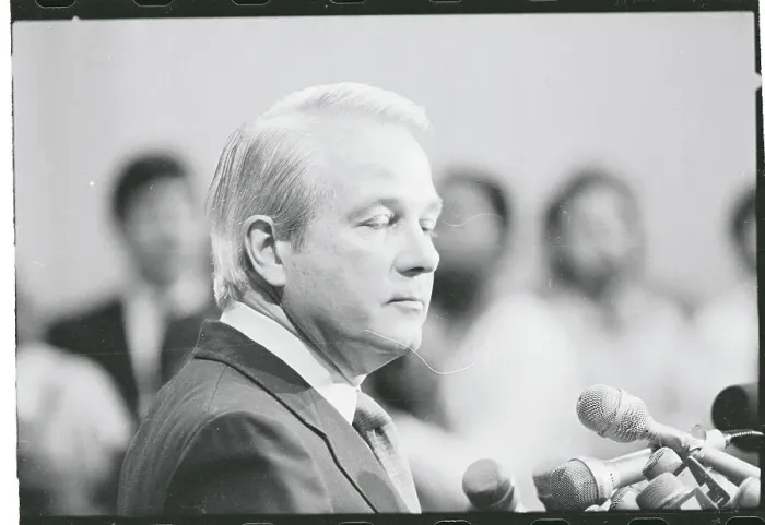 Framed Print : Edwin Edwards at Microphone with Eyes Closed