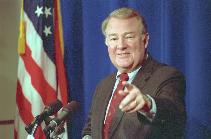 Framed Print : Edwin Meese Talking to Reporters