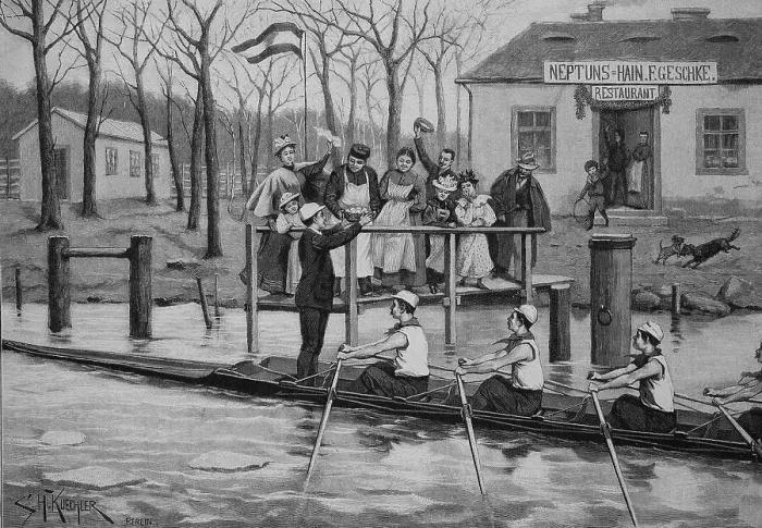 Framed Print : The Egg Tribute on the Upper Spree, in front of such a restaurant near Treptow, to the winning boat of a rowing competition, Germany, Historic, digital reproduction of an original 19th-century template Framed Print : The Egg Tribute on the Upper Spree, in front of such a restaurant near Treptow, to the winning boat of a rowing competition, Germany, Historic, digital reproduction of an original 19th-century template