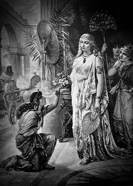 Egyptian goddess gets a bouquet of flowers from a young Egyptian girl - 1888