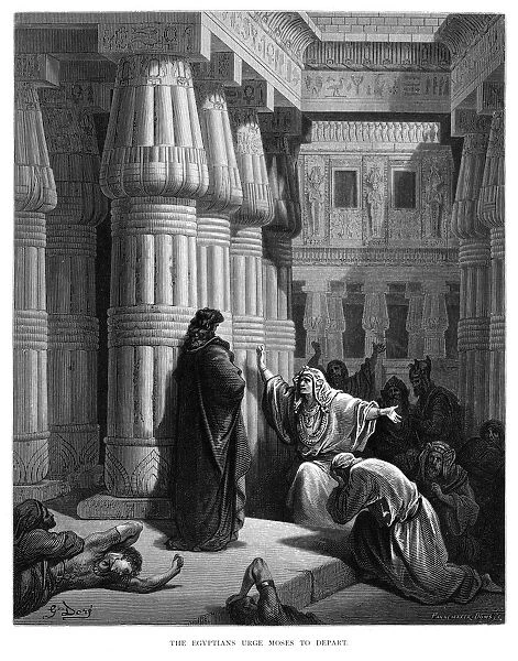 The egyptians urge Moses to depart engraving 1870