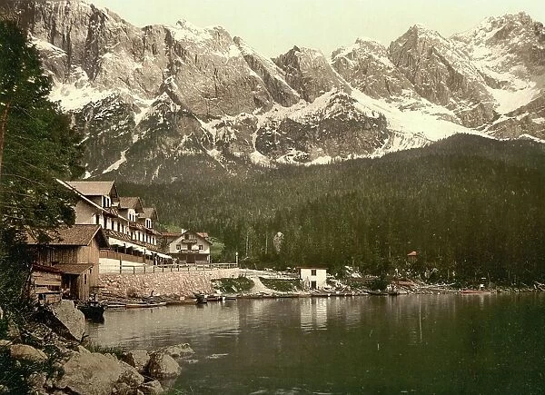 The Eibsee lake in Upper Bavaria, Bavaria, Germany, Historic, digitally restored reproduction of a photochromic print from the 1890s