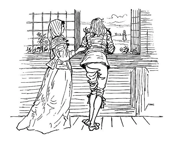 Eighteenth century couple looking out of a window
