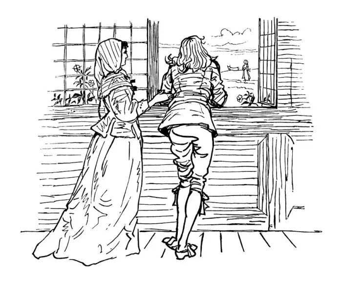 Framed Print : Eighteenth century couple looking out of a window Framed Print : Eighteenth century couple looking out of a window