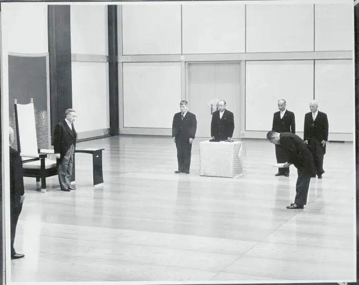 Framed Print : Eisaku Sato Graciously Gesturing to Japanese Emperor Framed Print : Eisaku Sato Graciously Gesturing to Japanese Emperor