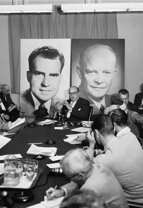 Framed Print : Eisenhower, Nixon, and Hall Making Announcement Framed Print : Eisenhower, Nixon, and Hall Making Announcement