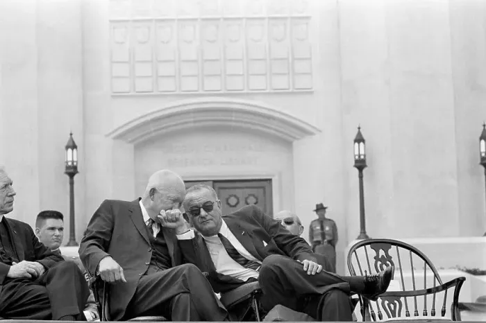 Framed Print : Eisenhower Whispering to President Johnson Framed Print : Eisenhower Whispering to President Johnson