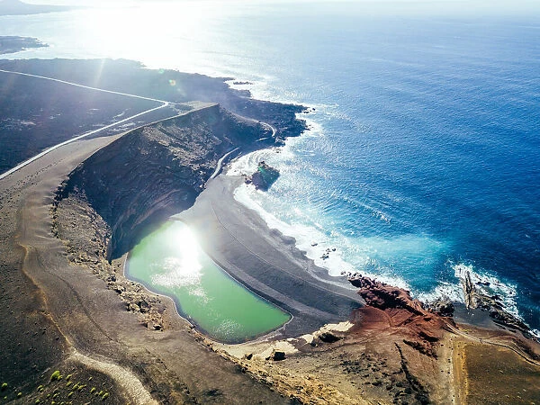 El Golfo green lake near the Ocean, Lanzarote, Canary Islands. Very unique aerial view
