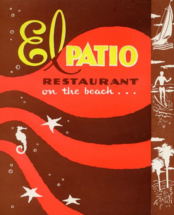 Framed Print : El Patio. USA - 1956: A menu for El Patio reads El Patio Restaurant on the beach.. Framed Print : El Patio. USA - 1956: A menu for El Patio reads El Patio Restaurant on the beach..