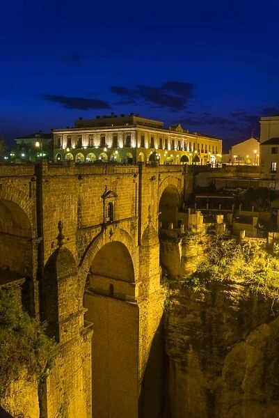 El Puente Nuevo bridge at night, Ronda, Malaga province, Andalucia, Spain