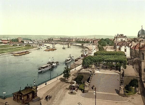 The Elbe and the Bruehl Terrace in the Old Town of Dresden, Saxony, Germany, Historic, digitally restored reproduction of a photochromic print from the 1890s