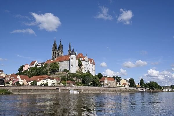Elbe river in front of the Albrecht Castle with the cathedral of Meissen, Meissen, Saxony, Germany