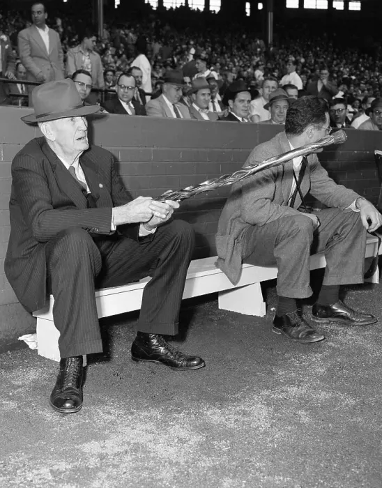 Framed Print : Elderly Cy Young Waves Cane at Game