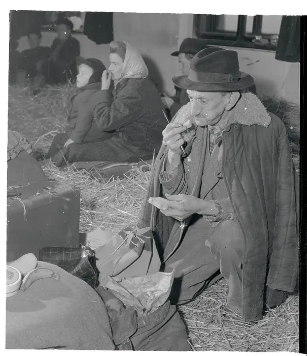 Framed Print : Elderly Hungarian Refugee and Others in Makeshift Camp Framed Print : Elderly Hungarian Refugee and Others in Makeshift Camp