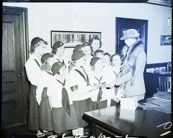 Framed Print : Eleanor Roosevelt Gives Book to Campfire Girls Framed Print : Eleanor Roosevelt Gives Book to Campfire Girls