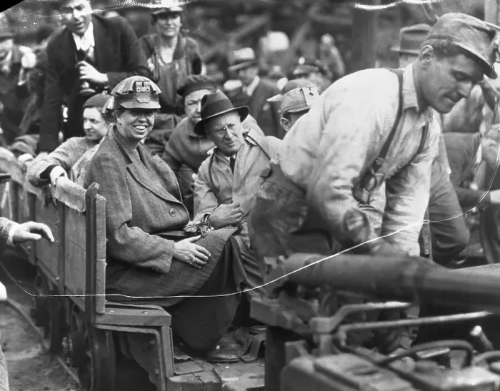 Framed Print : Eleanor Roosevelt Riding a Coal Car with Miners Framed Print : Eleanor Roosevelt Riding a Coal Car with Miners