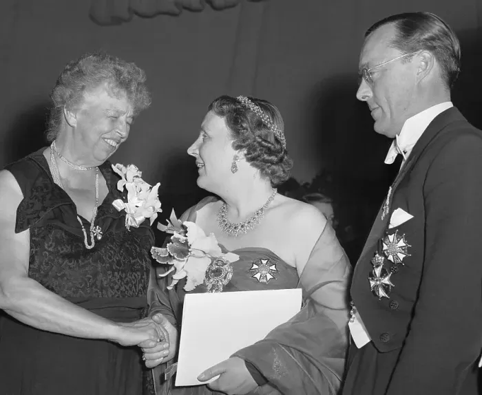 Framed Print : Eleanor Roosevelt Shaking Hands with Queen Juliana and Prince Bernhard