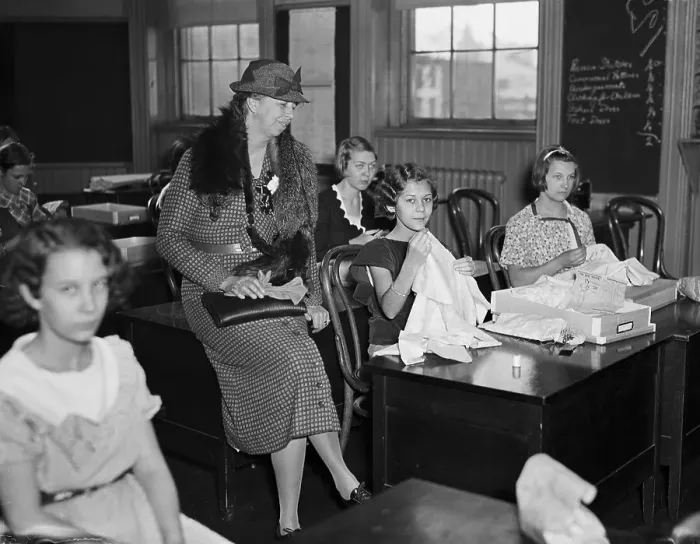 Framed Print : Eleanor Roosevelt Watches Student Sew in Class Framed Print : Eleanor Roosevelt Watches Student Sew in Class
