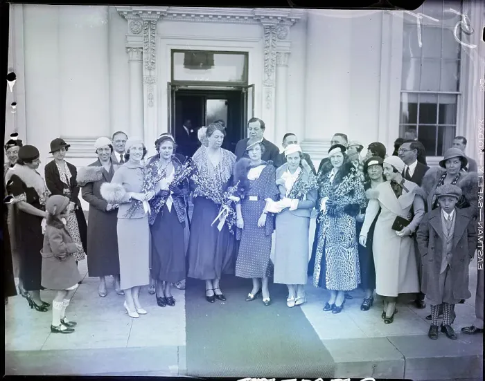 Framed Print : Eleanor Roosevelt and Women Stand with Flowers Framed Print : Eleanor Roosevelt and Women Stand with Flowers