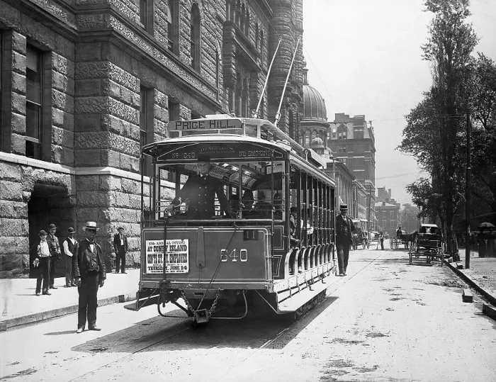 Framed Print : Electric Streetcar in Front of City Hall