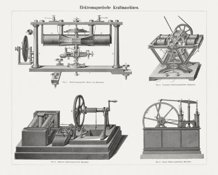 Framed Print : Electromagnetic power machines, wood engravings, published in 1897 Framed Print : Electromagnetic power machines, wood engravings, published in 1897