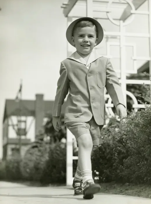 Framed Print : Elegant boy walking on promenade, (B&W)