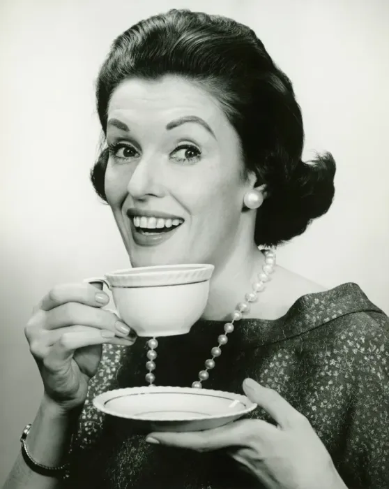 Framed Print : Elegant holding cup and saucer, (B&W), (Portrait) Framed Print : Elegant holding cup and saucer, (B&W), (Portrait)