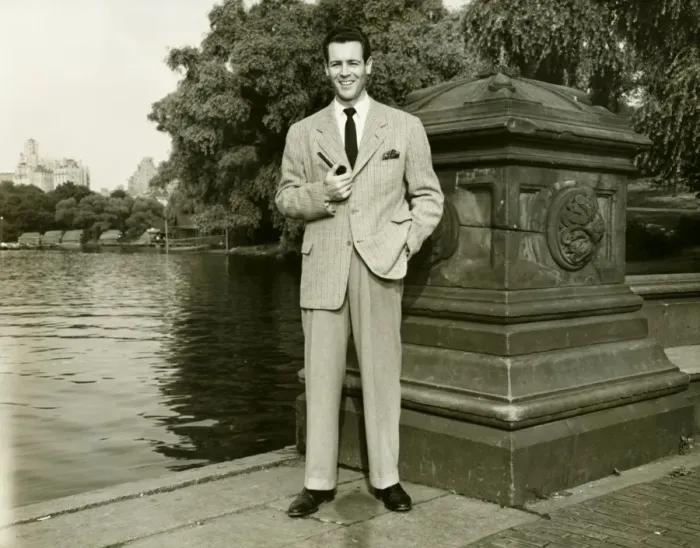 Framed Print : Elegant man with pipe by park lake, (B&W), portrait Framed Print : Elegant man with pipe by park lake, (B&W), portrait