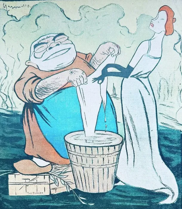 Framed Print : Elegant woman with red hair washing her tissue, man with white beard hiding it Framed Print : Elegant woman with red hair washing her tissue, man with white beard hiding it
