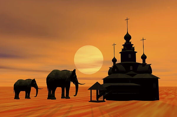 Two elephants in front of a temple at sunset, silhouette, 3D graphics