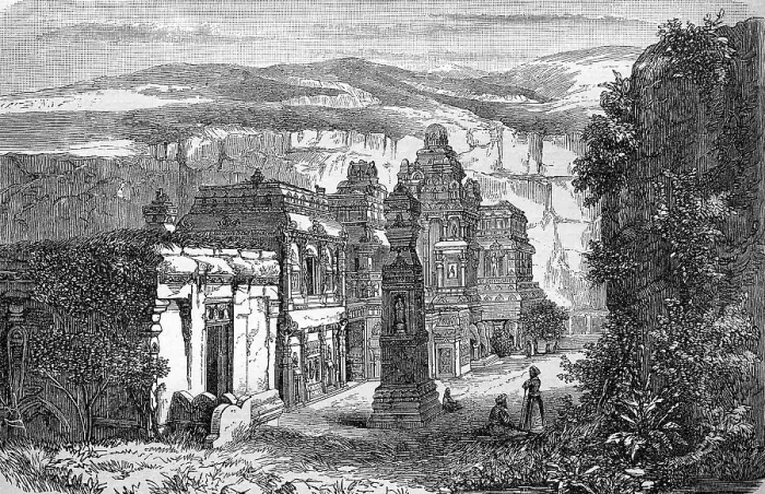 Framed Print : Ellora, Caves and Temples, Maharastra State, India, in 1880, Historic, digital reproduction of an original 19th-century artwork