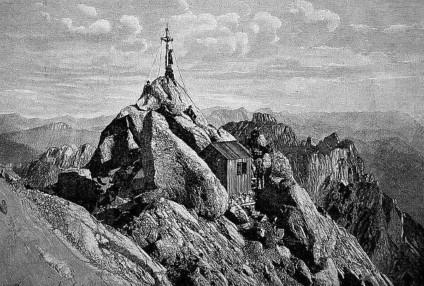 The Elmauer Haltspitze in the Kaisergebirge, with summit cross, Tyrol, Austria, Historic, digitally restored reproduction of an 18th century original, exact original date unknown