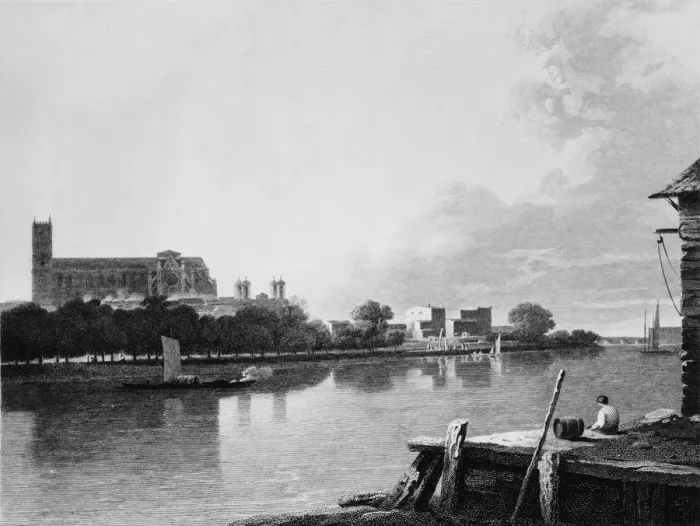 Framed Print : Nine Elms. Westminster Abbey as seen from across the River Thames Framed Print : Nine Elms. Westminster Abbey as seen from across the River Thames