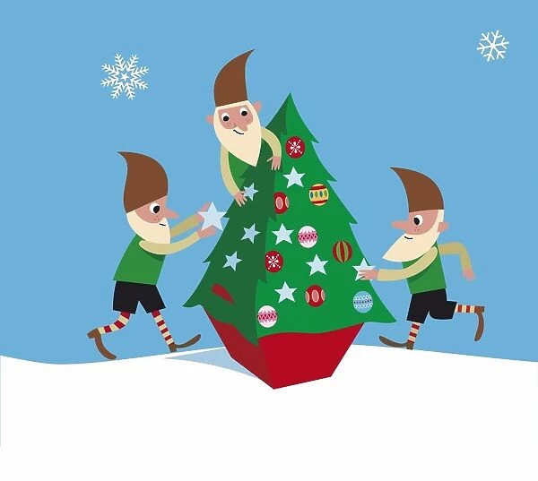 Three elves decorating a Christmas tree