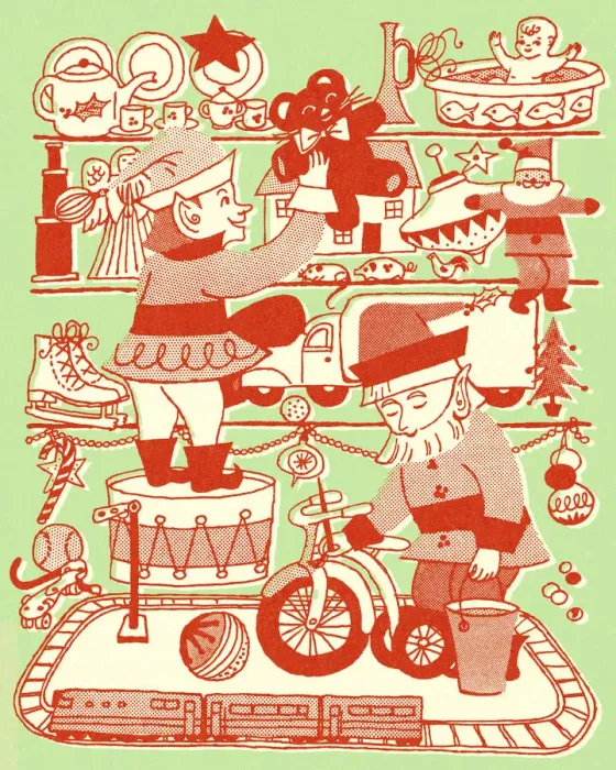 Framed Print : Two Elves and a Shelf of Toys Framed Print : Two Elves and a Shelf of Toys