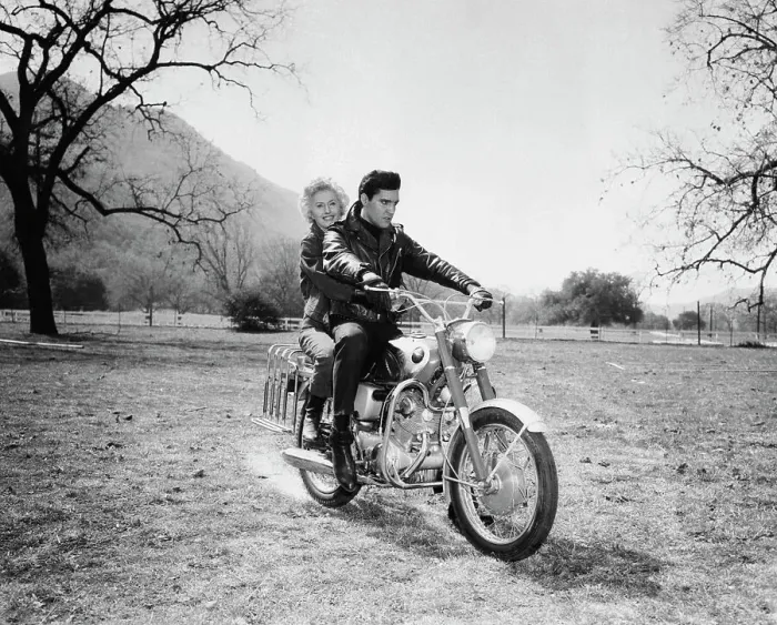 Framed Print : Elvis Presley And Barbara Stanwyck on Motorcycle Framed Print : Elvis Presley And Barbara Stanwyck on Motorcycle