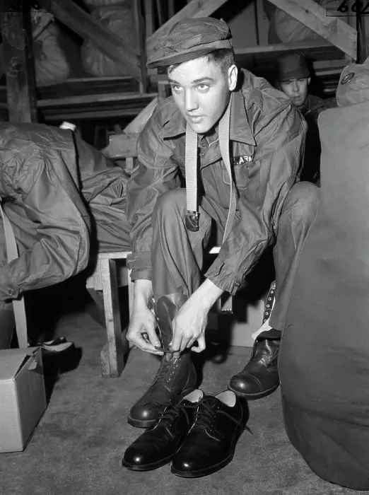 Framed Print : Elvis Presley in Uniform Tying Shoes Framed Print : Elvis Presley in Uniform Tying Shoes