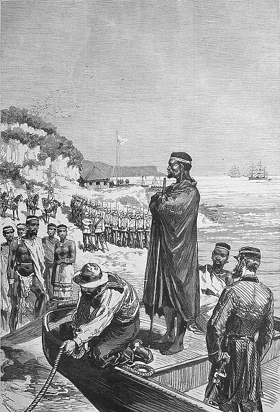 Embarkation of captured Zulu Ketschwaeyo chief at Durnfort for voyage to Cape Town, 1880, South Africa, Historic, historical, digitally improved reproduction of an original from the 19th century