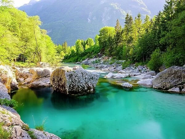 Emerald green Soca River, Soca Valley, Triglav National Park, Bovec, Slovenia