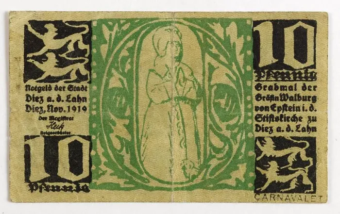 Framed Print : Emergency money, Inflation 10-Pfennig note, City of Diez an der Lahn, November 1919, Germany, Historical, digitally restored reproduction from a 19th century original