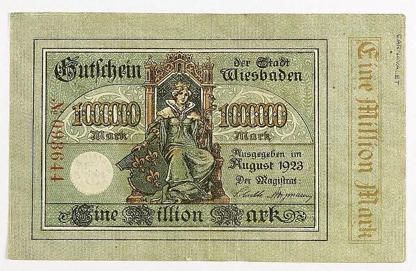 Emergency money, inflation, banknote over 1 million marks from Wiesbaden, 1923, Hesse, Germany, historical, digitally restored reproduction from a 19th century original