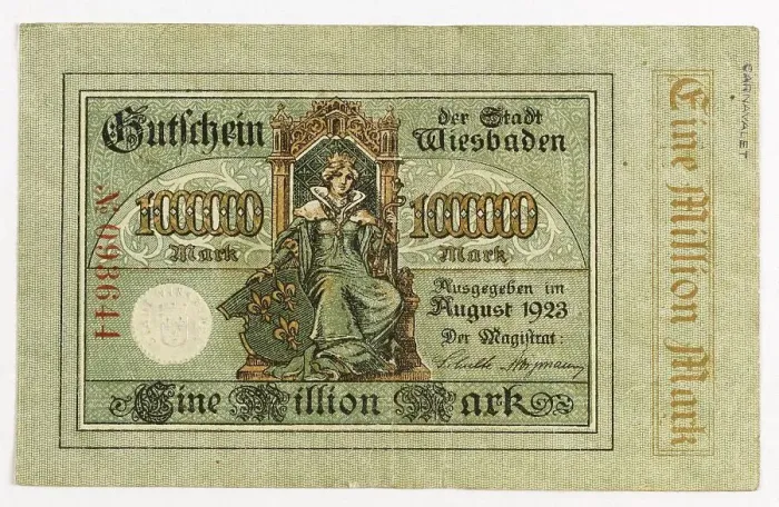 Framed Print : Emergency money, inflation, banknote over 1 million marks from Wiesbaden, 1923, Hesse, Germany, historical, digitally restored reproduction from a 19th century original Framed Print : Emergency money, inflation, banknote over 1 million marks from Wiesbaden, 1923, Hesse, Germany, historical, digitally restored reproduction from a 19th century original