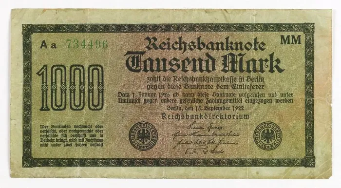 Framed Print : Emergency money, inflation, banknote over 1000 Marks from 1922, Reichsbanknote, Berlin, Germany, historical, digitally restored reproduction from a 19th century original Framed Print : Emergency money, inflation, banknote over 1000 Marks from 1922, Reichsbanknote, Berlin, Germany, historical, digitally restored reproduction from a 19th century original