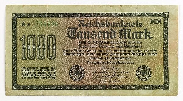 Emergency money, inflation, banknote over 1000 Marks from 1922, Reichsbanknote, Berlin, Germany, historical, digitally restored reproduction from a 19th century original