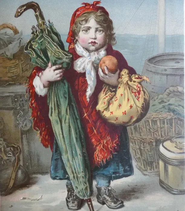 Framed Print : The emigrant girl: standing on ship, holding an umbrella, apple and a cloth Framed Print : The emigrant girl: standing on ship, holding an umbrella, apple and a cloth