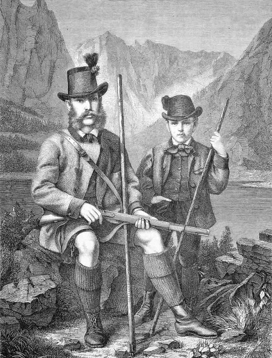 Framed Print : Emperor Franz Joseph I of Austria and Rudolf, Crown Prince of Austria hunting chamois in the Austrian Alps, Austria, Historic, digitally restored reproduction of a 19th century original, exact original date unknown