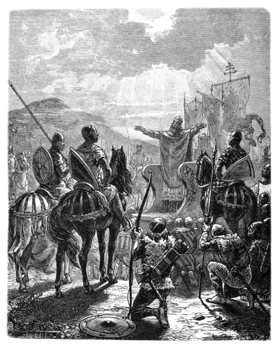 Framed Print : Emperor Frederick II, bishop blessing the troops before the battle Framed Print : Emperor Frederick II, bishop blessing the troops before the battle