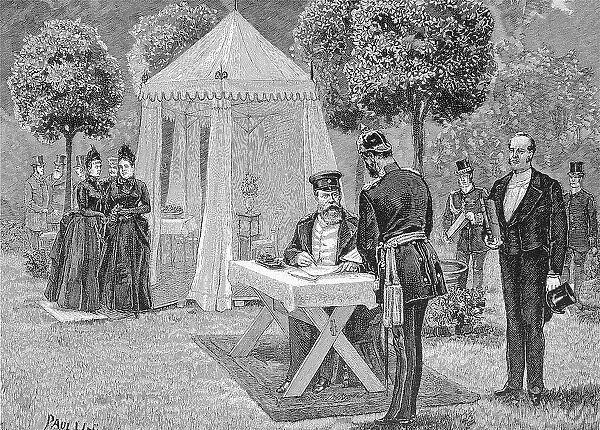 Emperor Heinrich in front of his marquee, signing documents, original drawing by Paul Heydel, Germany, historical, digitally restored reproduction of a 19th century original