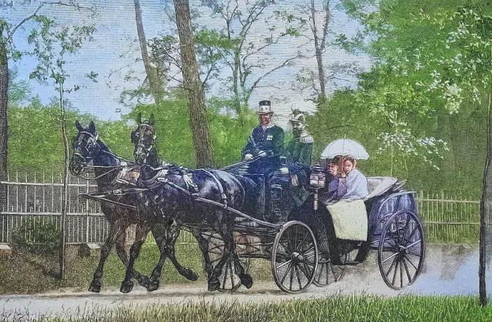 Framed Print : Emperor Wilhelm and the Grand Duchess of Baden in Babelsberg Park, Potsdam, Germany, c. 1885, Historic, digitally restored reproduction from a 19th century original, Emperor Wilhelm and the Grand Duchess of Baden in Babelsberg Park, c