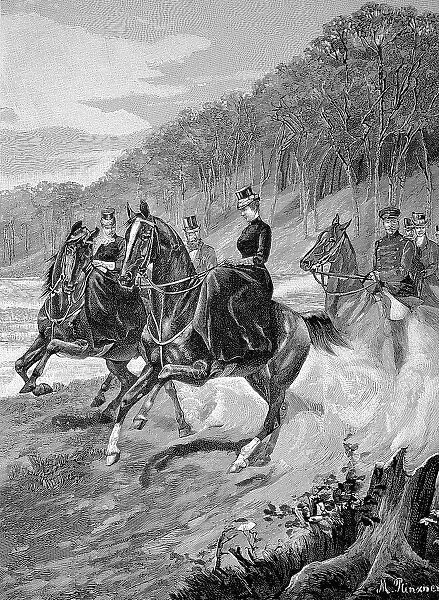 Empress Augusta Victoria on a Promenade Ride in Grunewald in Berlin, Germany, Historic, digital reproduction of an original 19th-century painting